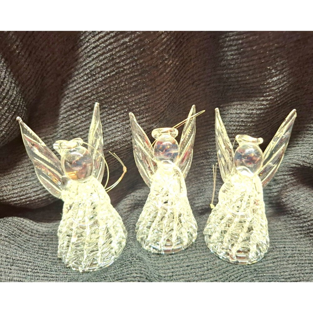 Vintage Spun Glass Angel Ornaments Clear Set of 3 Christmas 3" Hanging Decor
